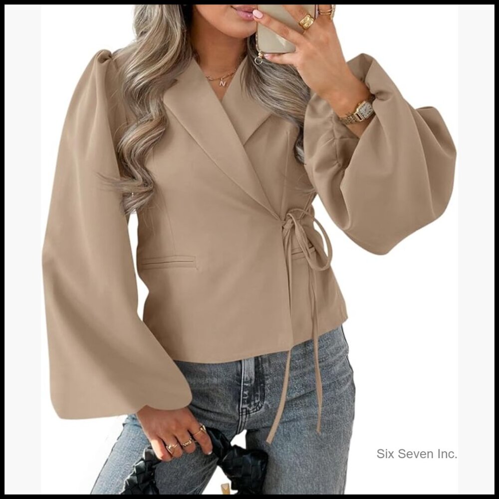 Puff Sleeve V-Neck Wrap Cropped Blazer Polyester Blend